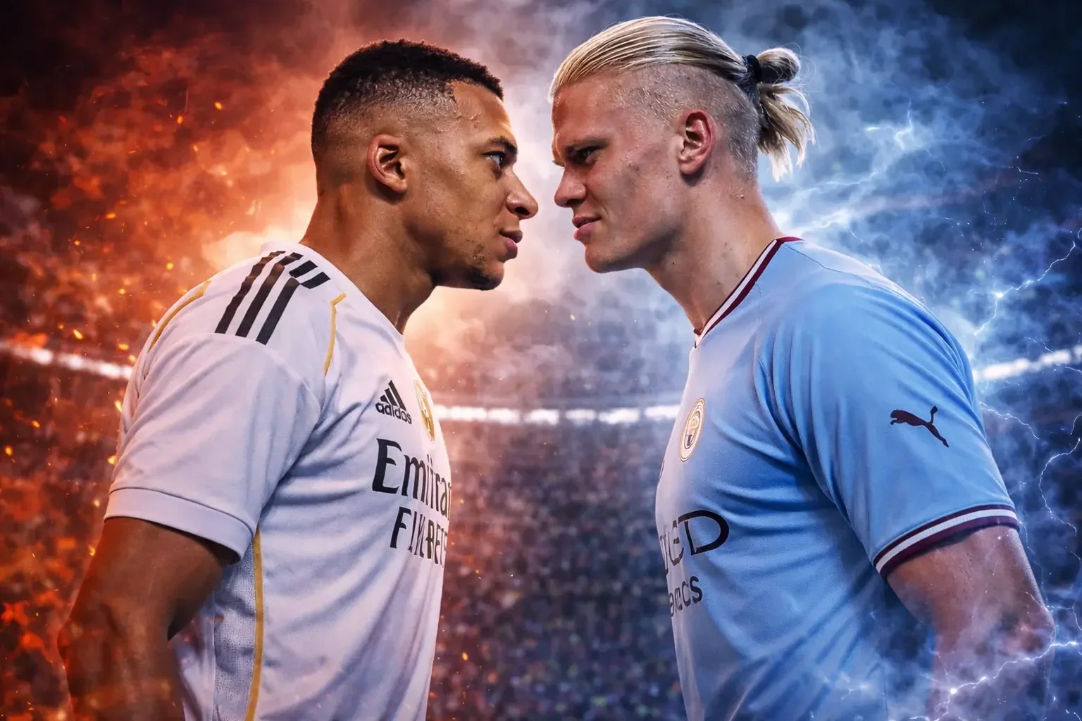 Erling Haaland and Kylian Mbappé face off, illustrating their head-to-head football rivalry